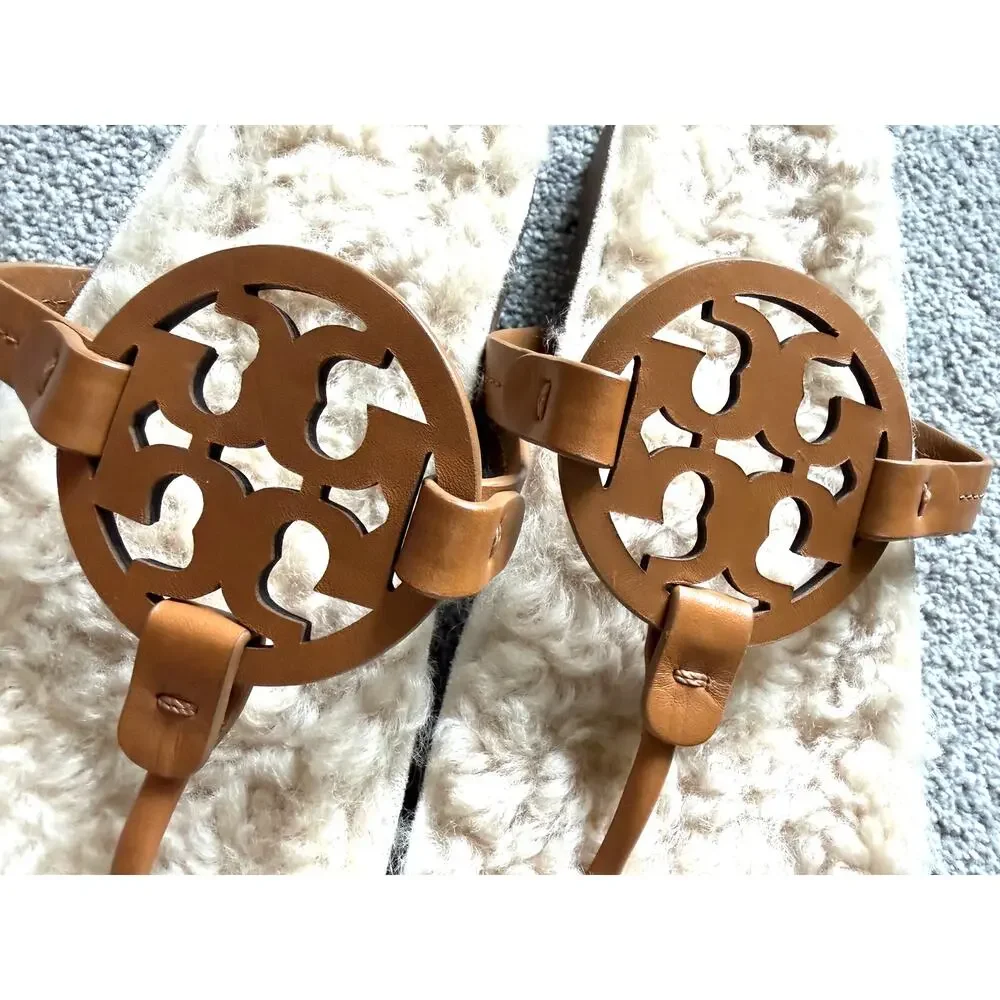 Tory Burch Miller Cloud Sandal Shearling Thong Caramel Logo Slip On Womens 10.5